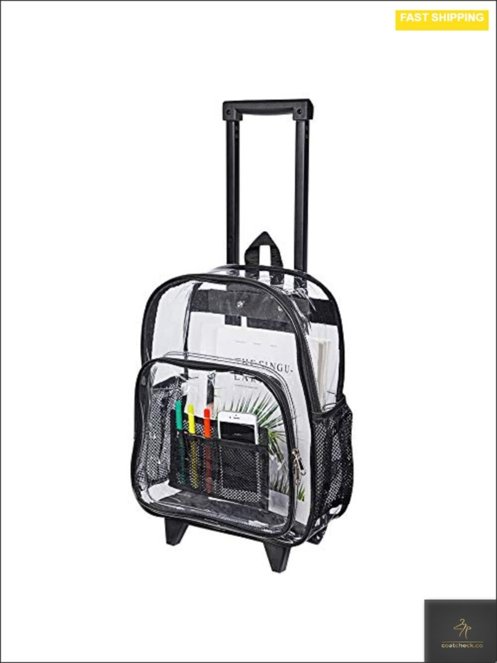 Rolling Clear Backpack, Heavy Duty See Through Bookbag, Transparent PVC Wheels,